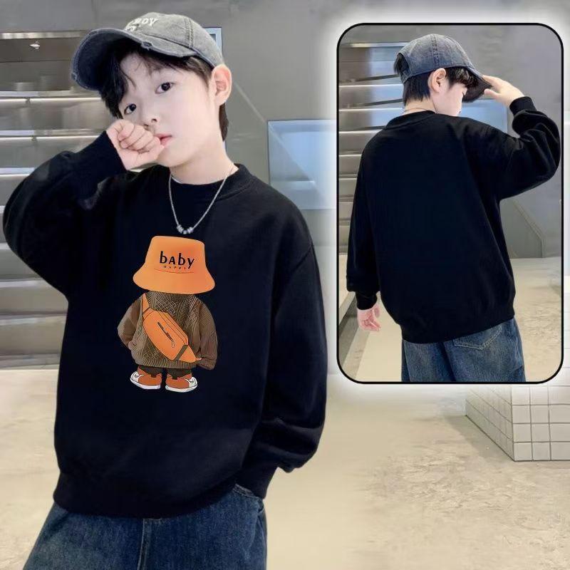 Boys Girls Cartoon Crew Neck Sweatshirt, Lightweight Black White Sport Long Sleeve Tops, Fashion Casual Pullover for Big Kids Spring Autumn 110