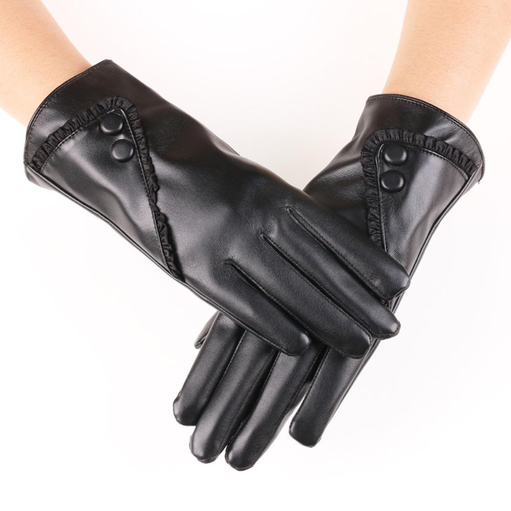 PU Leather Lace-trimmed Gloves Winter Warm Outdoor Cycling Gloves Fashion Touchscreen Gloves