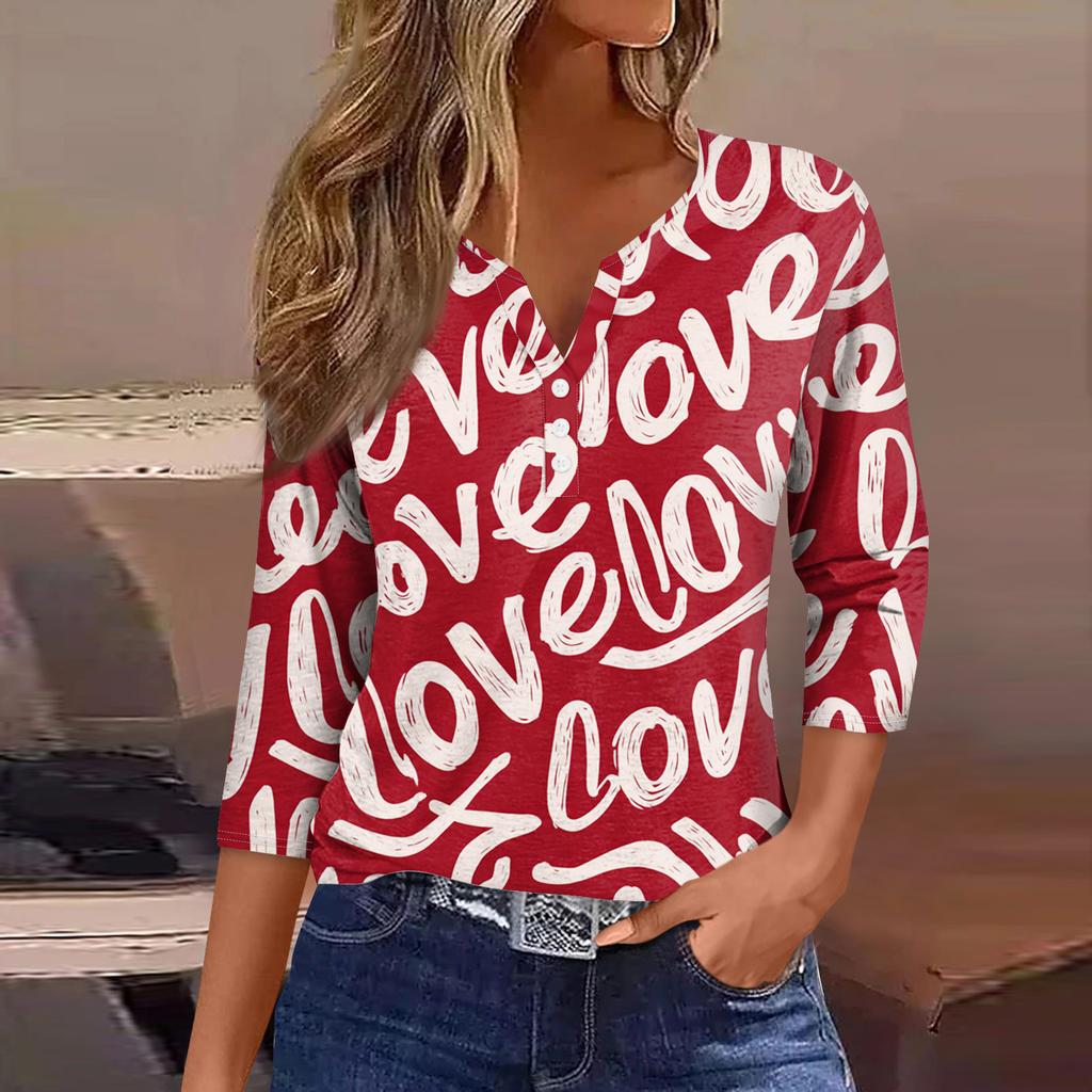 Women's  collar Valentine's Day print short-sleeved T-shirt top