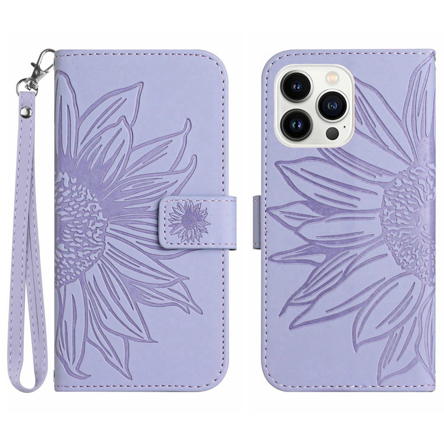 

HT04 For iPhone 16 Pro Max Case Sunflower Leather Handbag Flip Phone Cover Light Purple