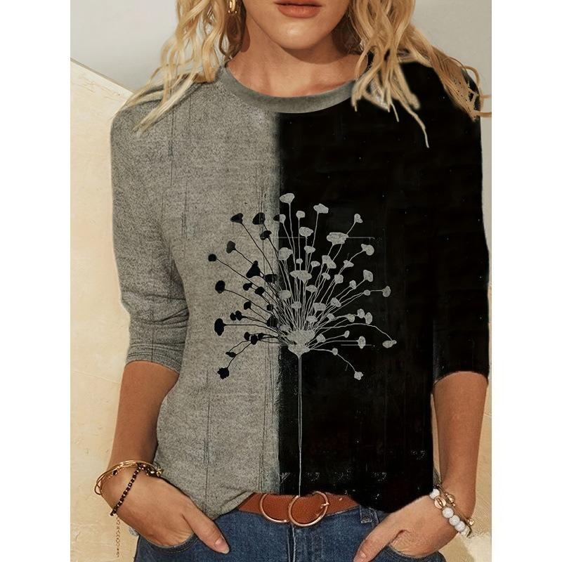 Spring and Autumn Round Neck 3D Flower Pattern Printed Top Fashionable Casual Elegant Long Sleeved Women's T-shirts