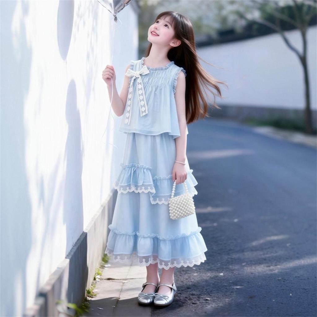 New Girls' Blue Vest & Skirt Set - Stylish, Comfortable & Sweet Princess Two-Piece