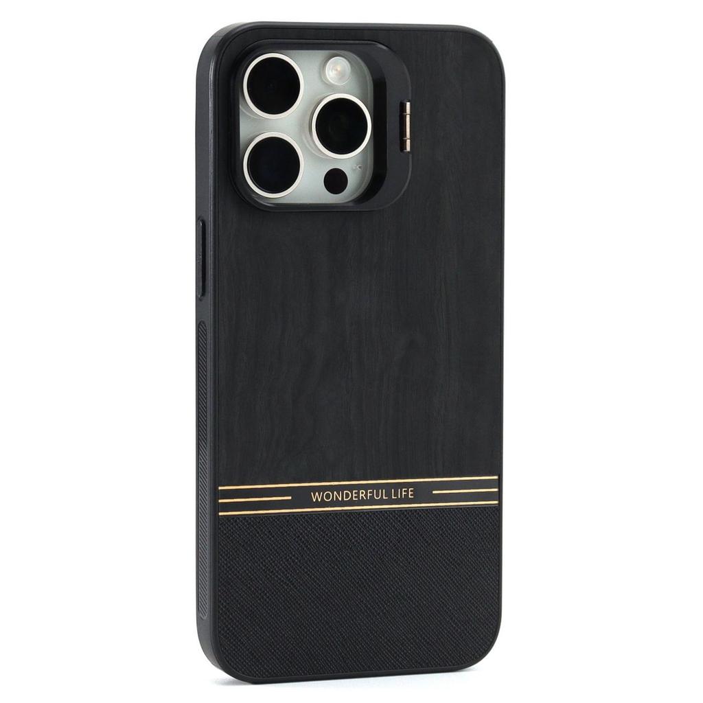 For iPhone 14 Pro Max Case Lens Frame Kickstand TPU+PC Wood Grain Phone Cover