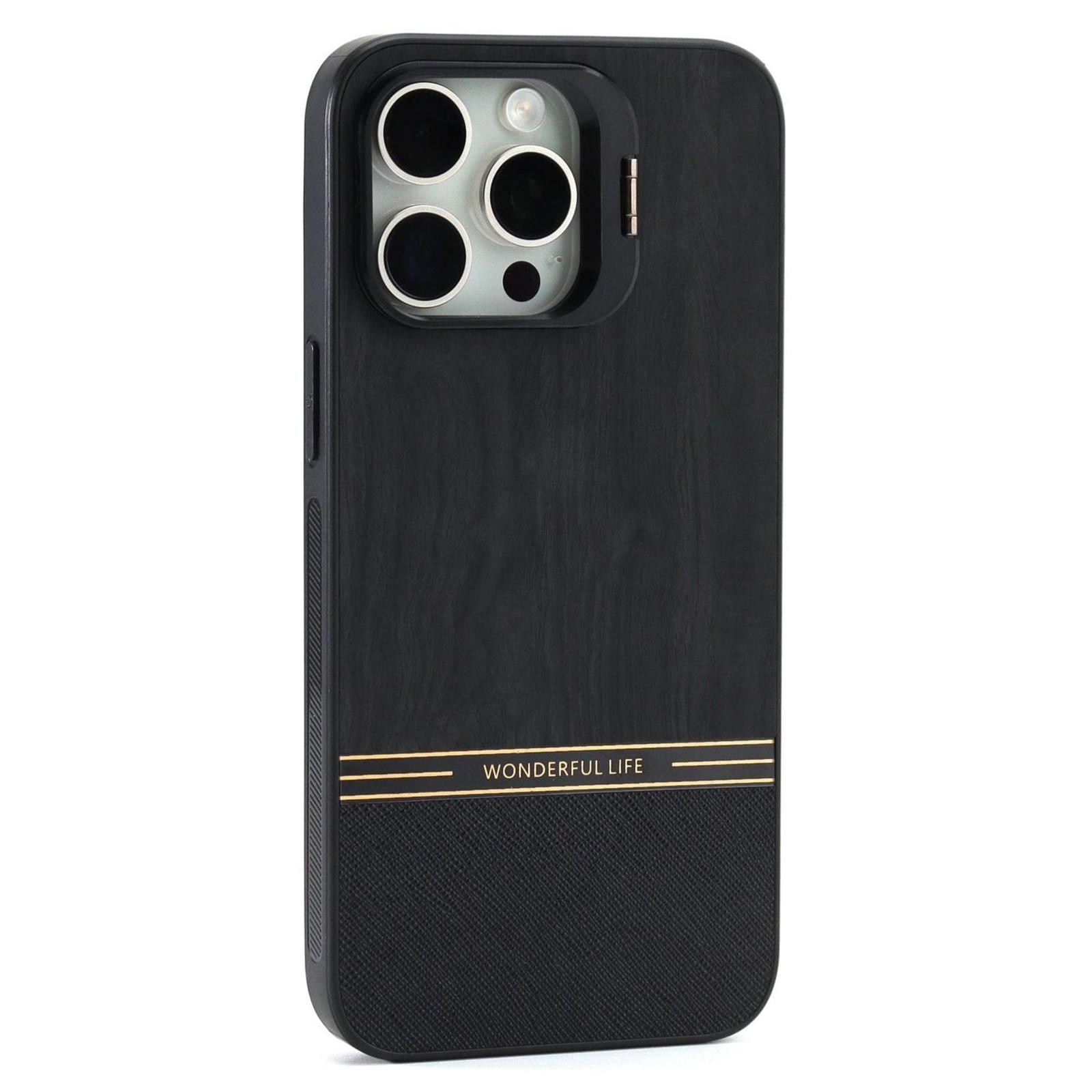 

For iPhone 14 Pro Case Lens Frame Kickstand TPU+PC Wood Grain Phone Cover B
