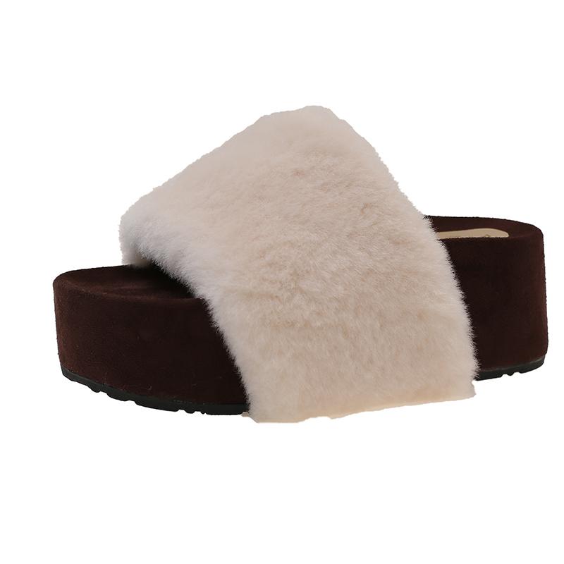 New Women's Fashion Slippers Round Toe Platform Sole High Heels One-line Fur Slippers Outdoor Fashion All-match Suede Flat Shoes