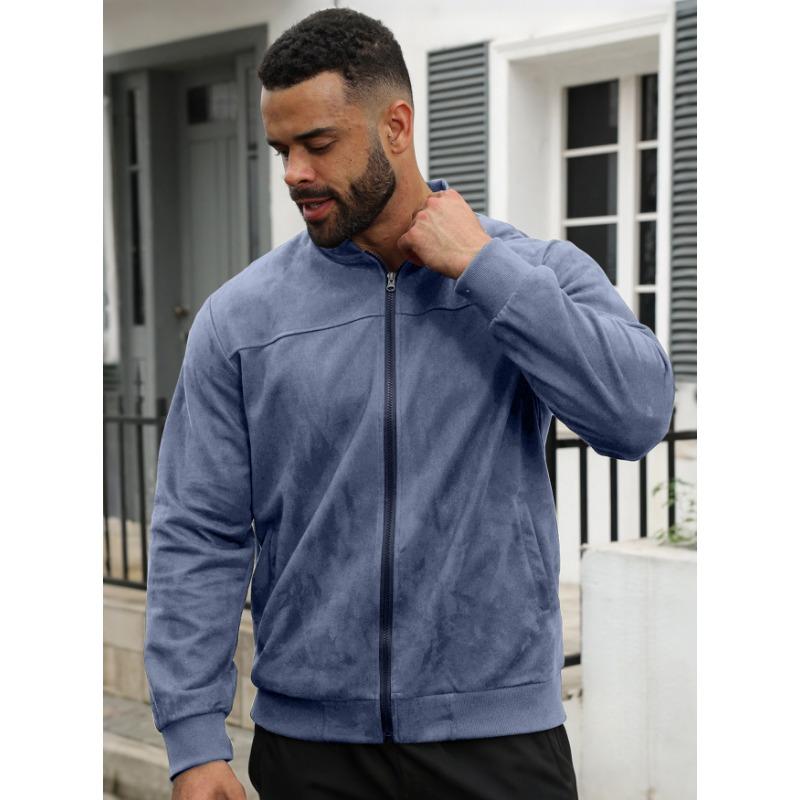 Men S Suede Jacket Long Sleeve Stand Collar Casual Outerwear