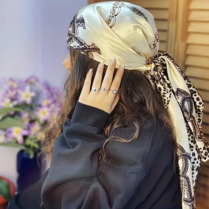 New Leopard Chain Print Square Turban Scarf Classic Satin Bandana Vintage Hijab Women Head Wraps Windproof Shawl