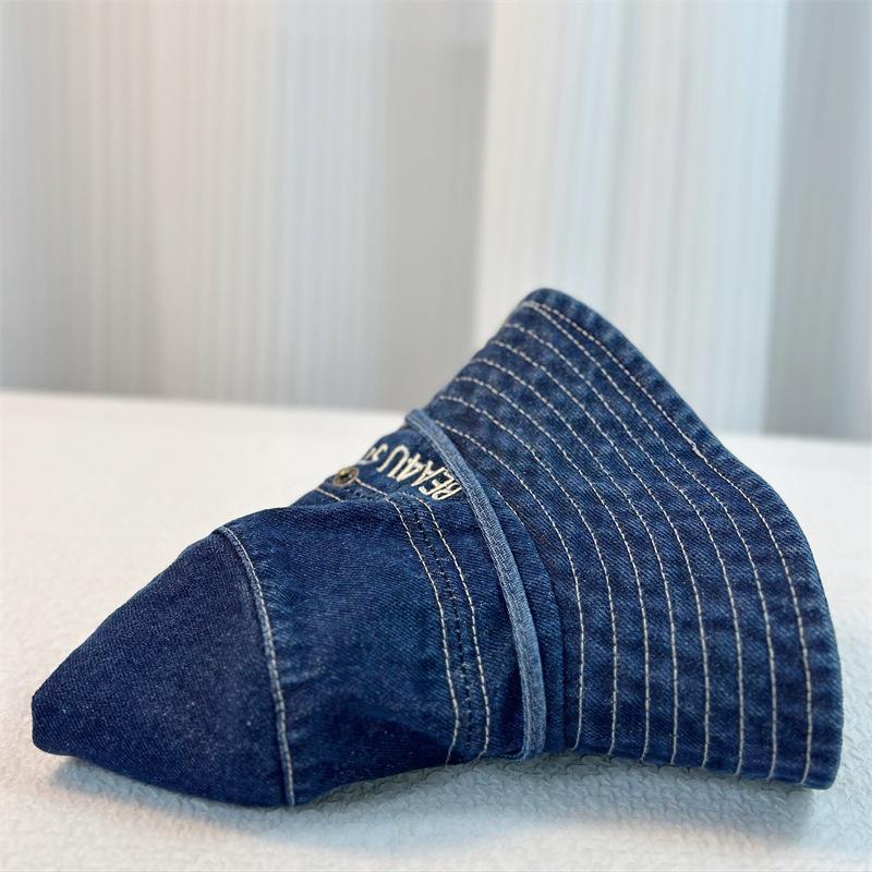 Women Denim Bucket Hat Solid Color Summer Sun Protection Hat Wide Brim Fisherman Cap for Outdoor Travel Beach
