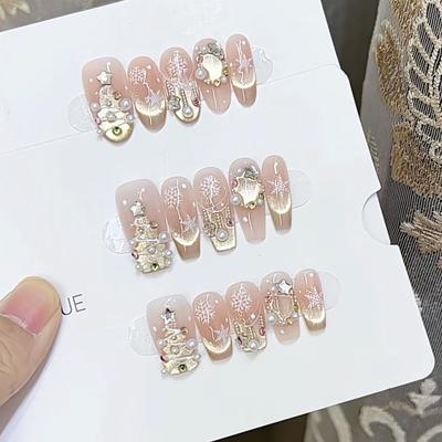 Pure Handmade Phototherapy Wearable Nail Tablets Golden Christmas Wearable Nail Finished Product Reusable Nail Art