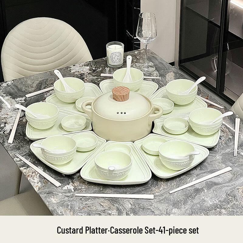 Qianxing 42-Piece Truffle White Ceramic Dinnerware Set