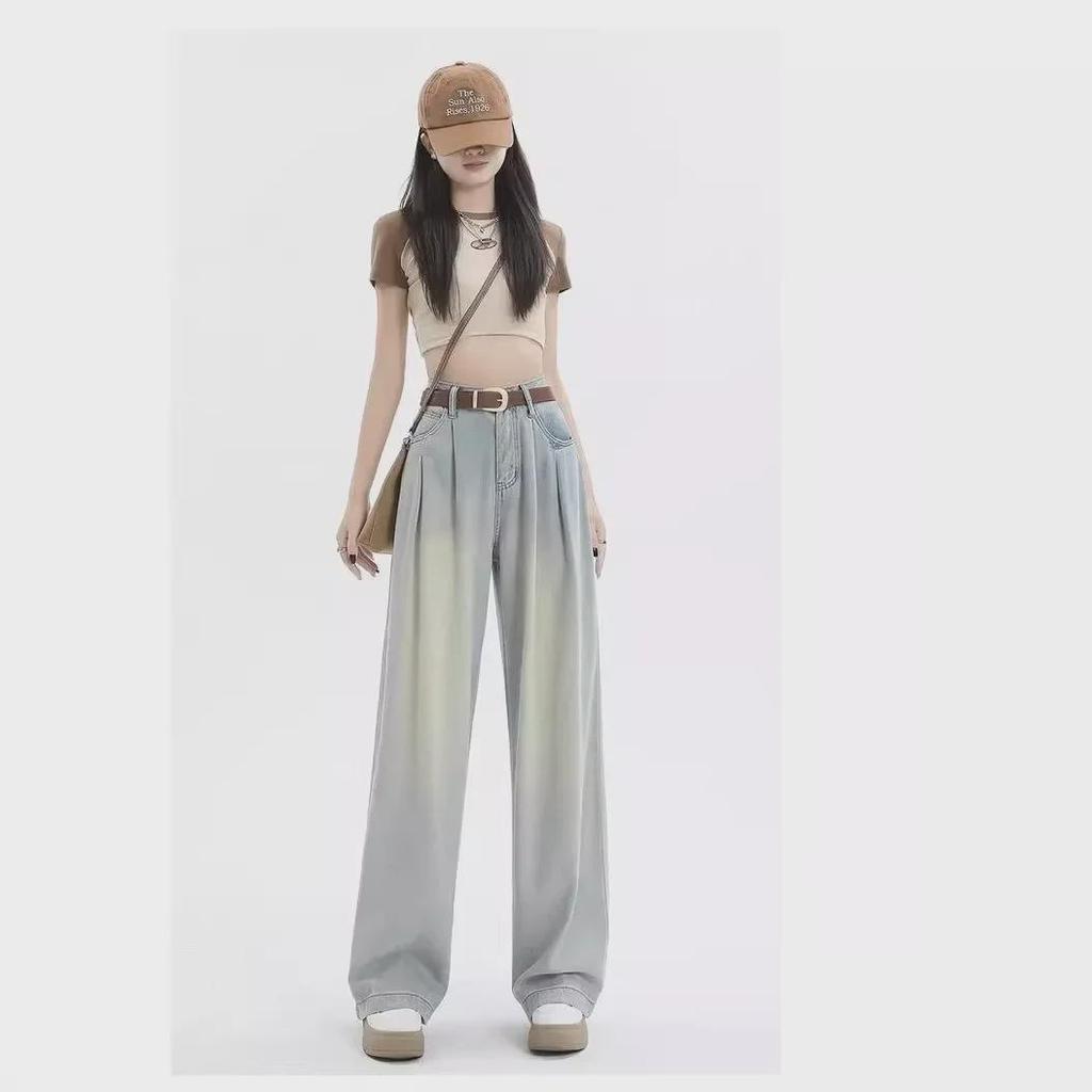 Dames jeans met hoge taille en wijde pijpen: Hong Kong Stijl, Losvallende Pasvorm, Lente/Zomer, Alles-Combinerend, Vloerlengte.