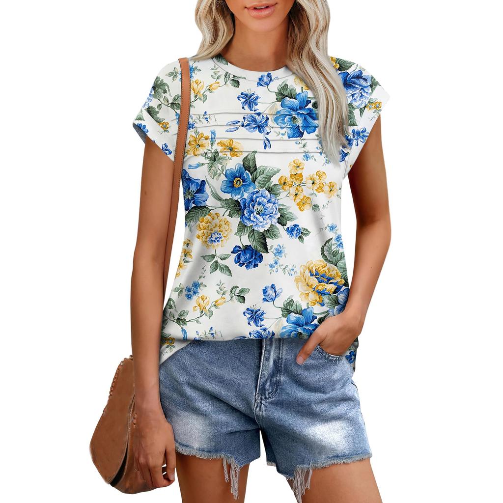 Damenmode Lässig Kurzarm Basic Textur Floral Rundhals T-Shirt Kappenärmel Top