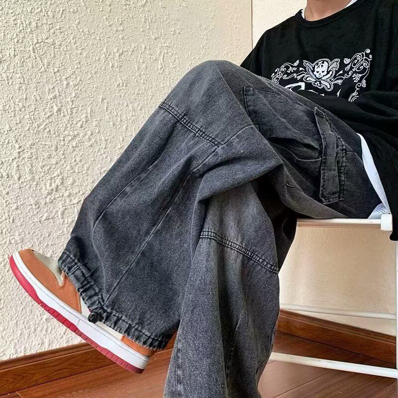 Men/Women Oversized Cargo Pants Vintage Drawstring Multiple Pockets Elastic Waist Solid Color Baggy Denim Pants Wide Leg Trouser