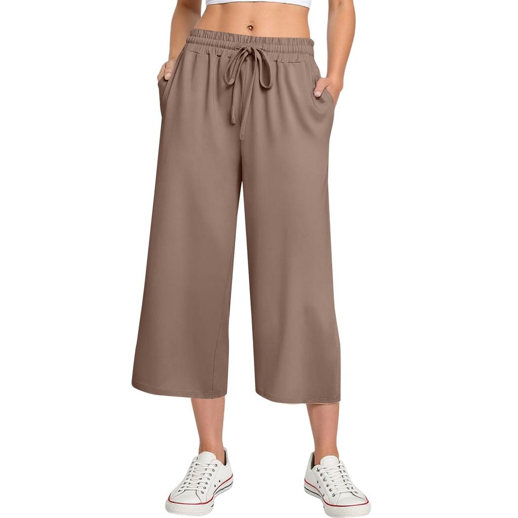 Pantaloni da donna a vita alta con nodo regolabile, fluidi in cotone e lino, gamba larga