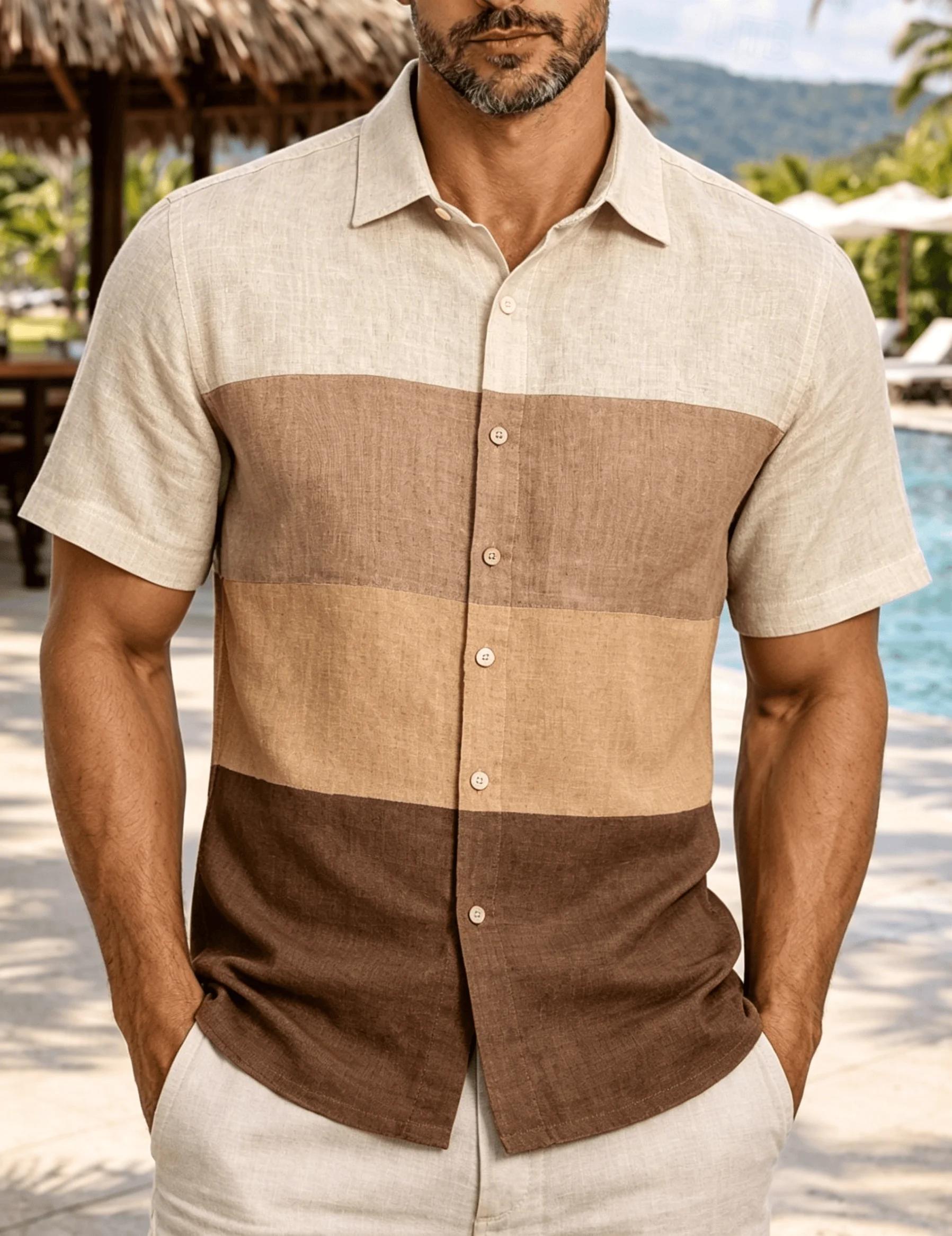 Essentiel du quotidien: chemise en lin décontractée à manches courtes, design color block élégant. 3XL white