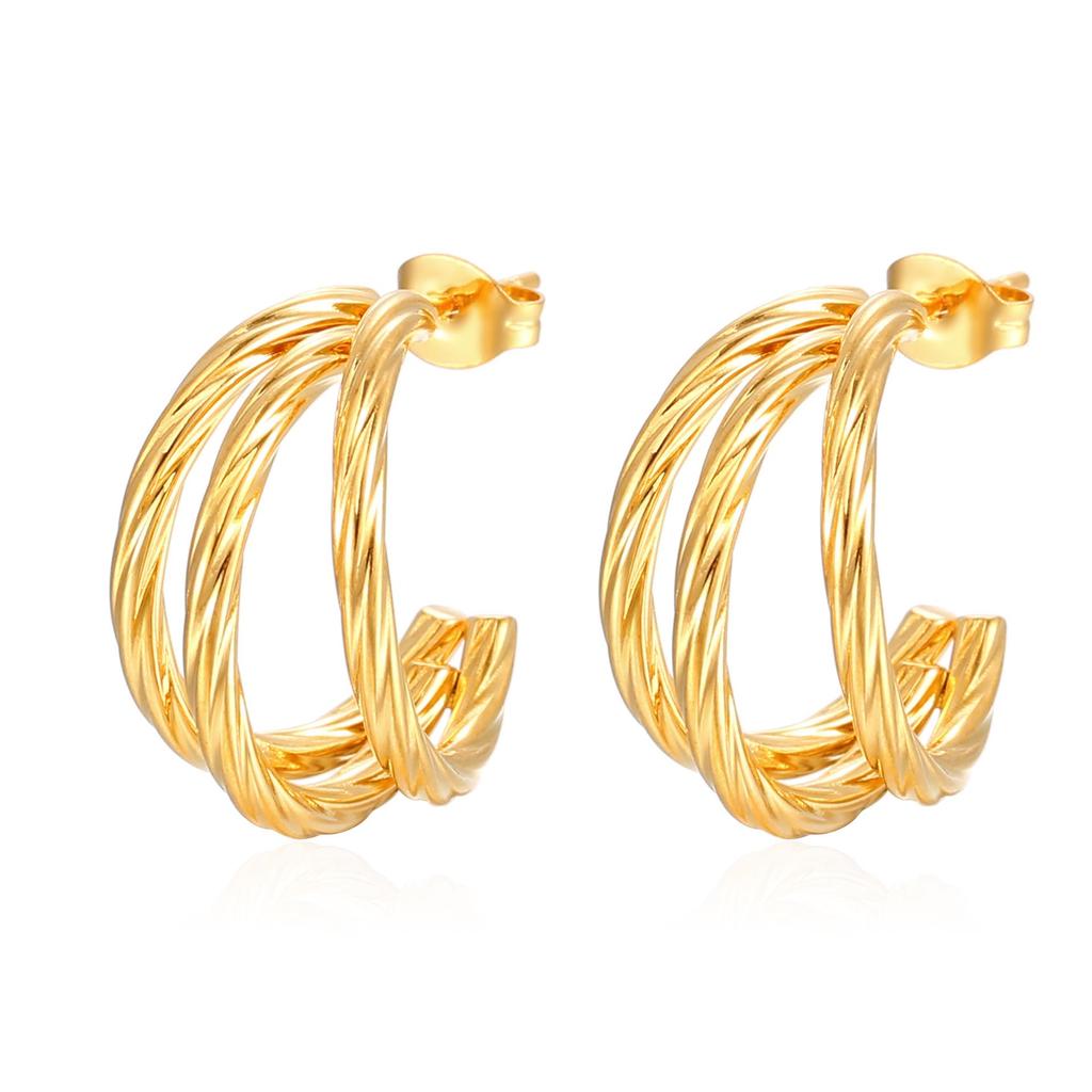 18K Gold Plated Stainless Steel Twisted Pattern Three-Strand Line Earrings - Trendy High-End Women's Fashion