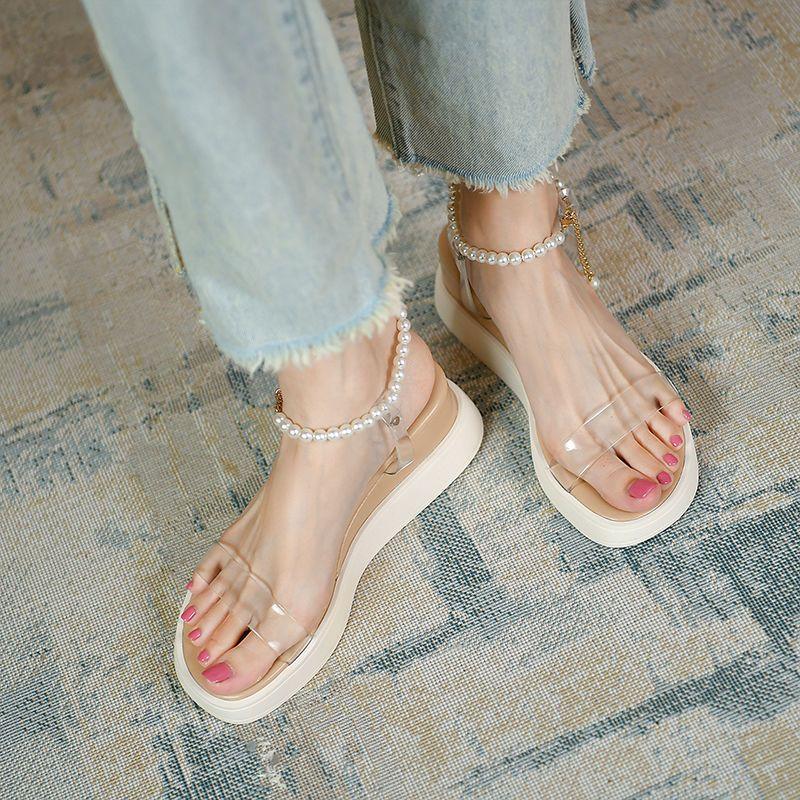 Pearl Women's Sandals Clear Wedges Heel Sexy Ladies Shoes 2025 Luxury Vip Footwear New Breathable Fashion On Offer Casual Shoe
