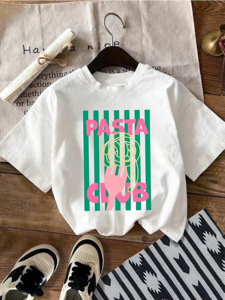 Women's T-shirt, Spaghetti Club Letter Print Summer T-shirt, Fashionable and Fun Y2K Short-slee
