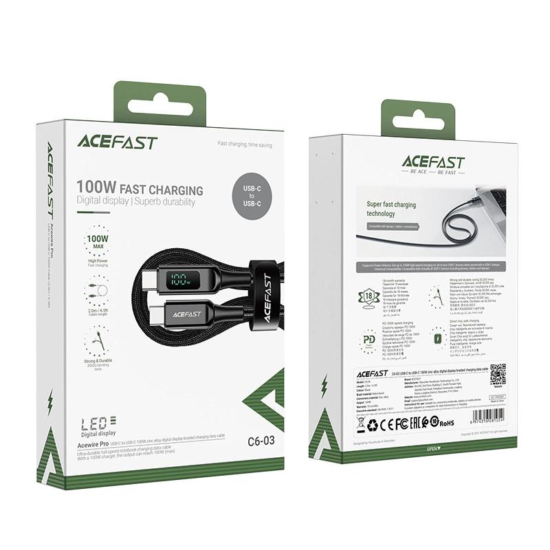 Kabel Acefast C6-03 Black Usb-C - Usb-C Pd Qc 100W 5A 480Mb/S 2M - Czarny