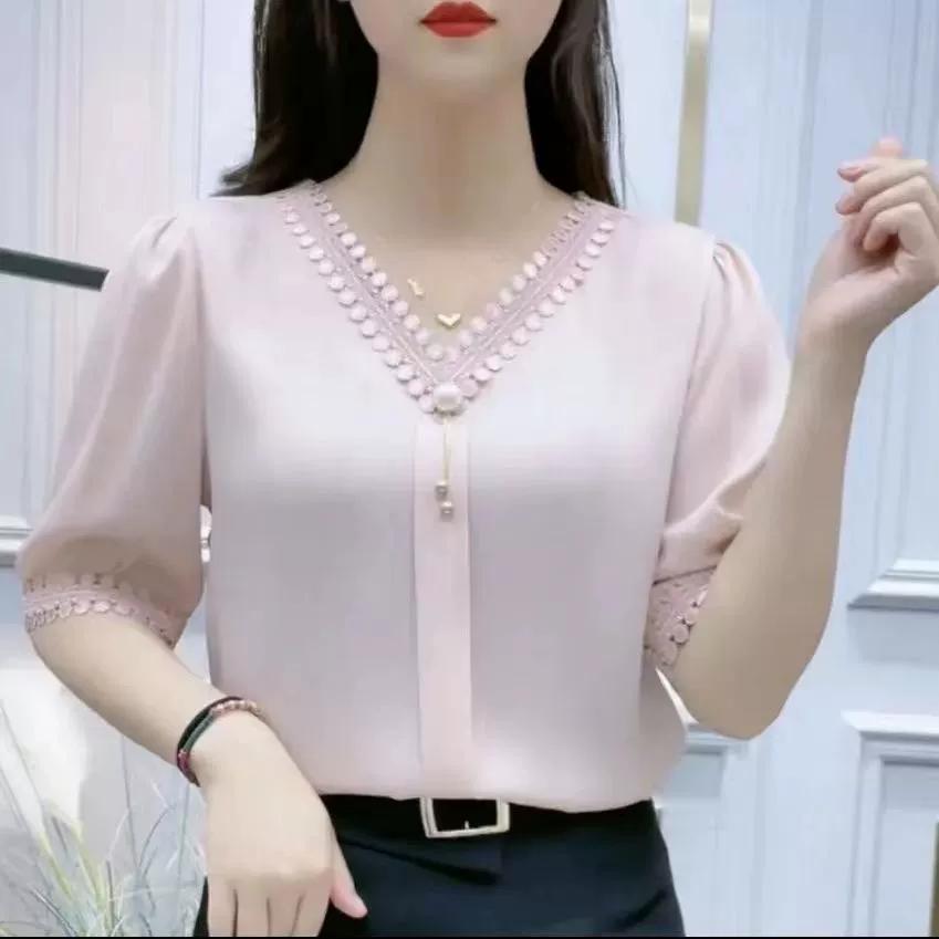 Chemisier en mousseline de soie à col en V et dentelle ajourée pour femme, haut d'été à manches courtes, décontracté