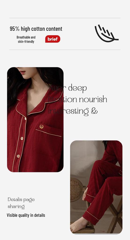Couple's Pajamas Set: Women's Spring/Autumn Long Sleeve, Men's Red Pure Cotton Loungewear for Weddings or Birthdays