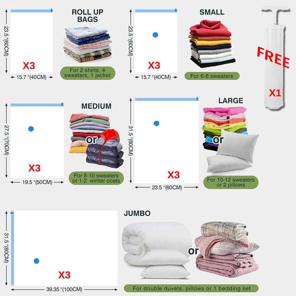 15 Pack Vacuum Storage Bags, Space Saver Bags  Compression for Comforters and Blankets, Sealer Clothes Storage Travel Organizer,