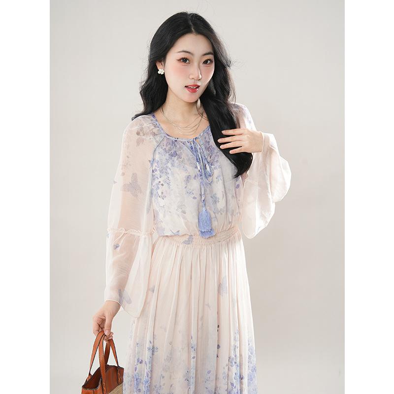 Elegant French Floral Long-Sleeved Dress: Slimming Socialite Style S
