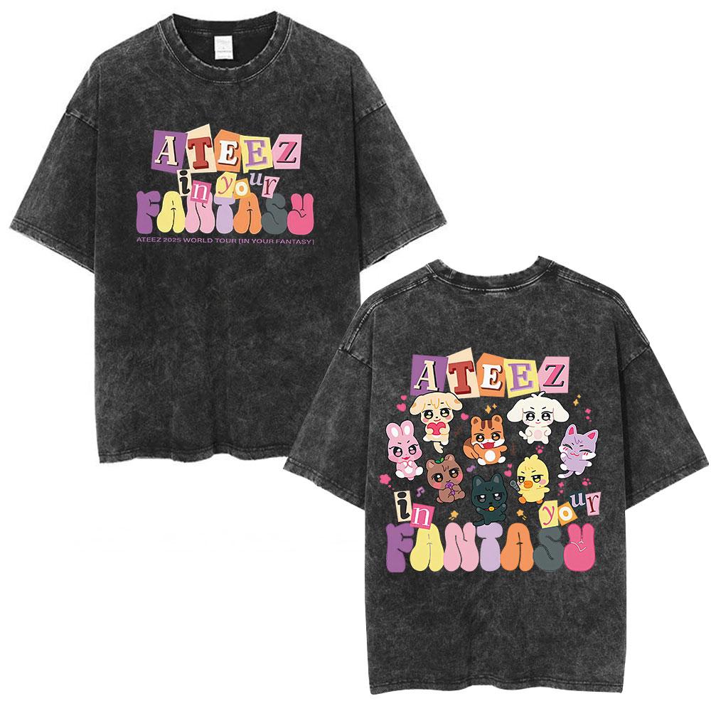 Ateez 2025 World Tour in Your Fantasy Tour Cherry Vintage Washed T Shirt Korean Kpop Fashion T-shirt Men's Women Cotton T-shirts