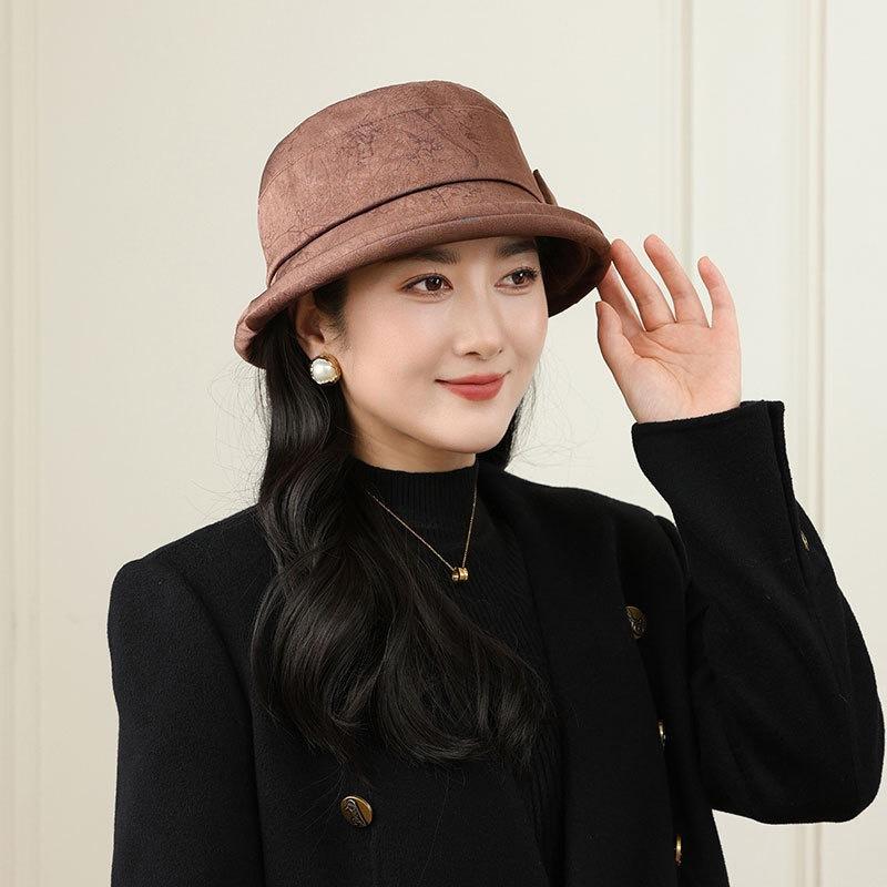 Imitation Fragrant Cloud Yarn Middle-Aged And Elderly Basin Hat Women Spring And Autumn Warm Cloth Hat Retro Bucket Hat Bow Sun Hat