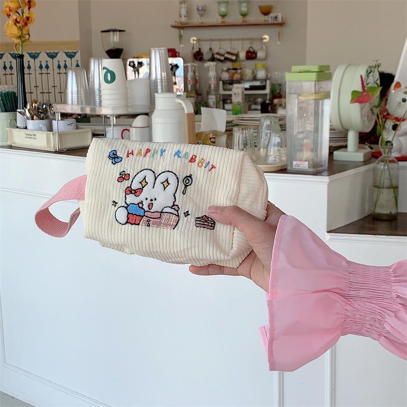 

Corduroy Cute Cartoon Embroidery Storage Bag Zipper Closure Durable Rabbit