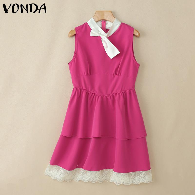 

VONDA Женское платье без рукавов с бантом, приталенное, многослойное, с оборками, кружевным подолом и плиссировкой S темно-розовый