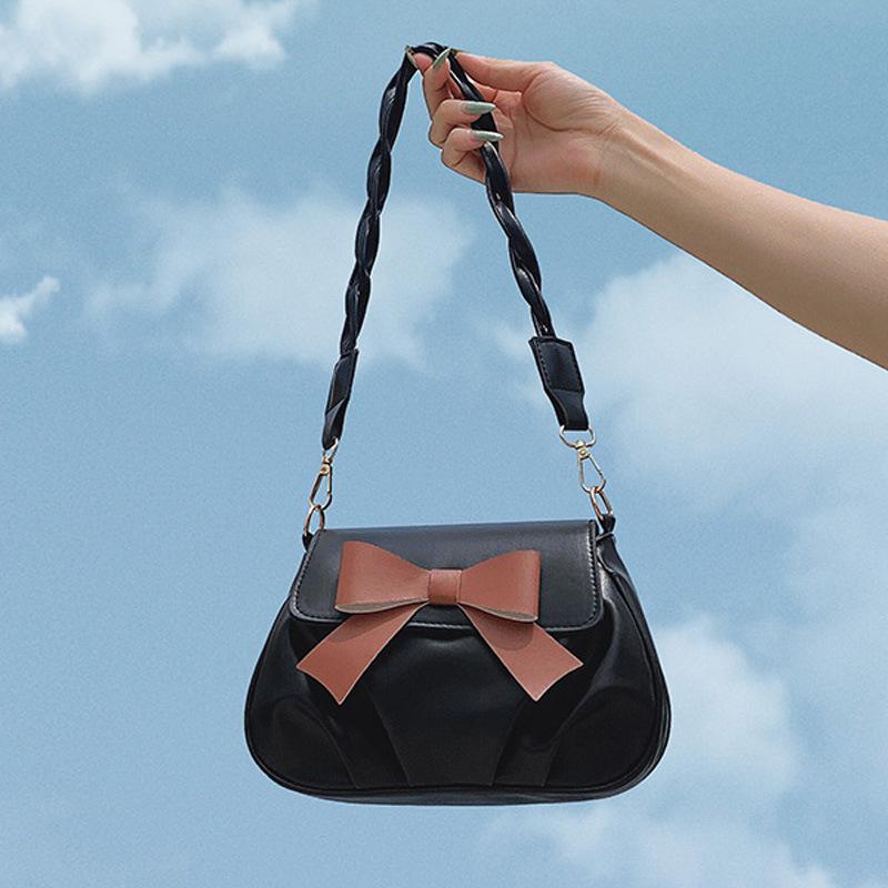 Bow Solid Color Small Bag Women's 2025 New Retro Fashion Pleated Casual Fashion Twist Shoulder Strap Oblique Span Bag