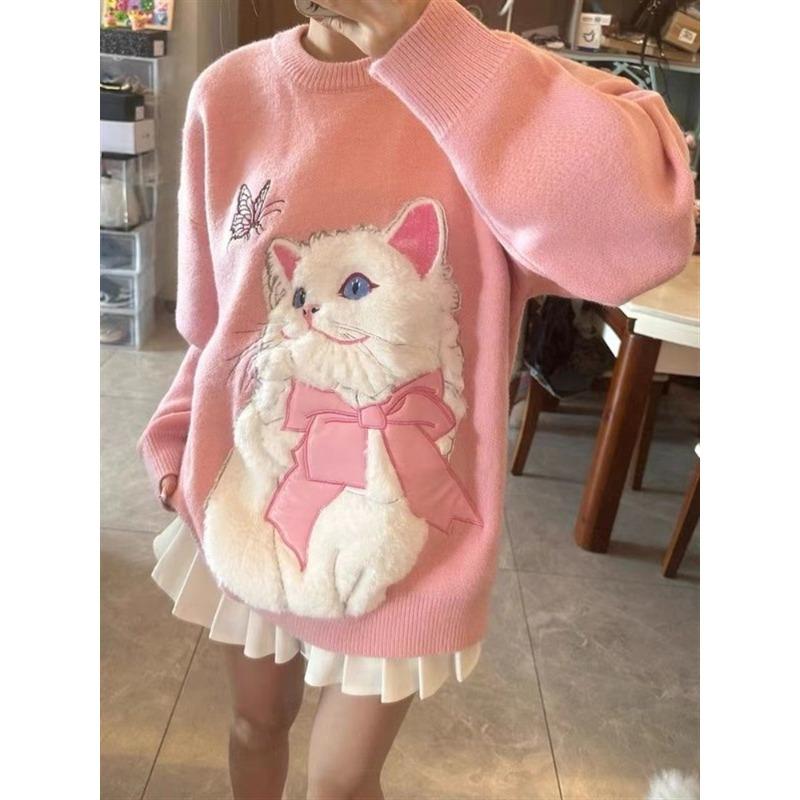 Cat Pattern Women's Sweater Cute Pink Pullover Knitted Sweaters Warm Fashionable Woman Oversized Loose Top