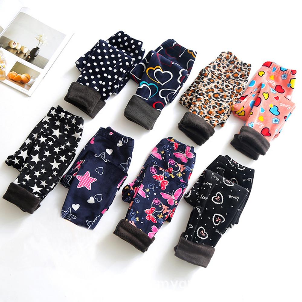Girls' Fleece-Lined Leggings: Autumn/Winter Children's Printed Slim-Fit Thermal Pants - Outerwear Long Pants