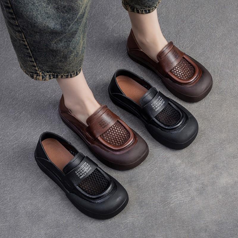 Johnature Versatile Breathable Mesh Flat Shoes Retro Genuine Leather Comfortable Sandals Women's Slip-on Shoes