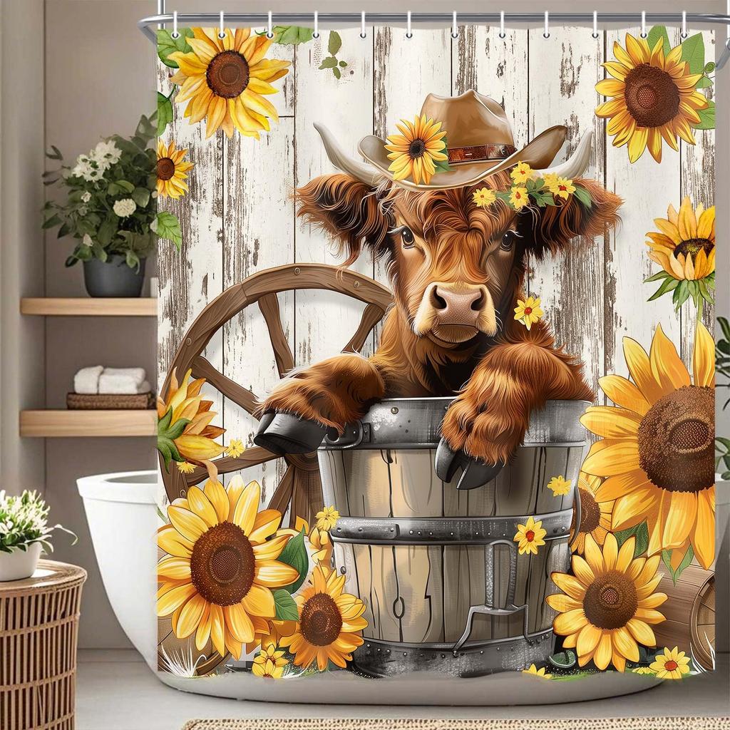 Highland Cow Shower Curtain Rustic Bull Western Farmhouse Cattle Country Restroom Accessories Funny Farm Animal Bathroom Decor