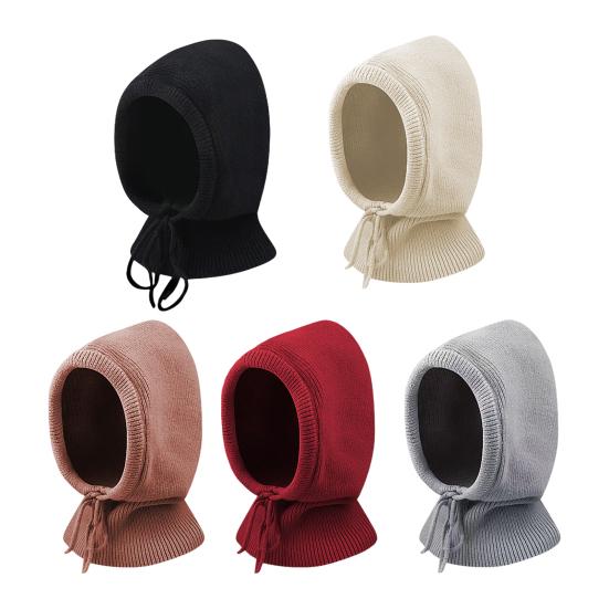 Knitting Hat Scarf Set Solid Color Adjustable Drawstring Scarf Hat Women Winter Warm Windproof Elastic Thermal Hat