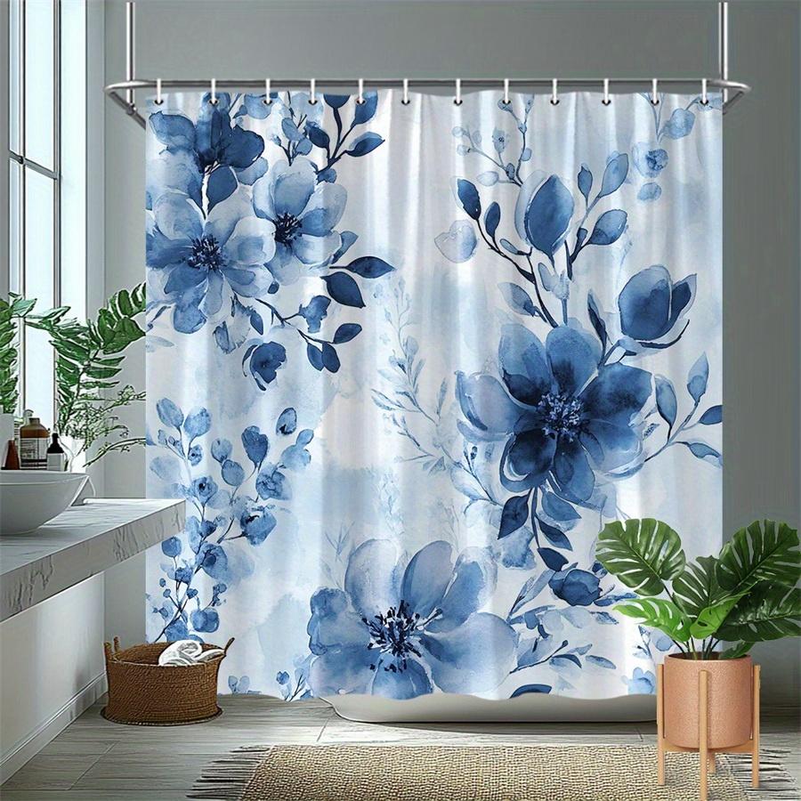 1Pc Blue And White Floral Patterned Shower Curtain, Polyester Fabric, Machine Washable, Suitable For Bathroom Dcor.