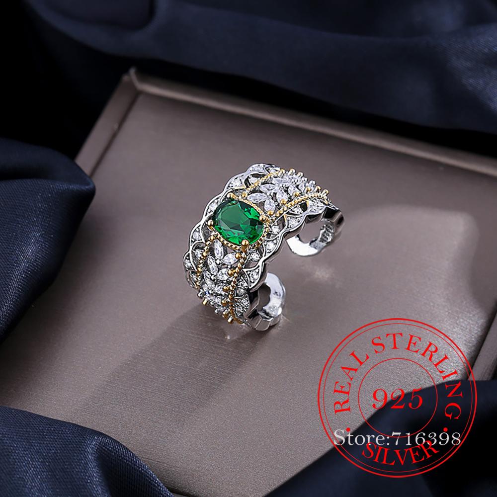 

French Vintage 925 Sterling Silver Metalliclace Emerald Zircon Crystal Open Rings for Women Money 925 Wedding Party Jewelry Gift One Size