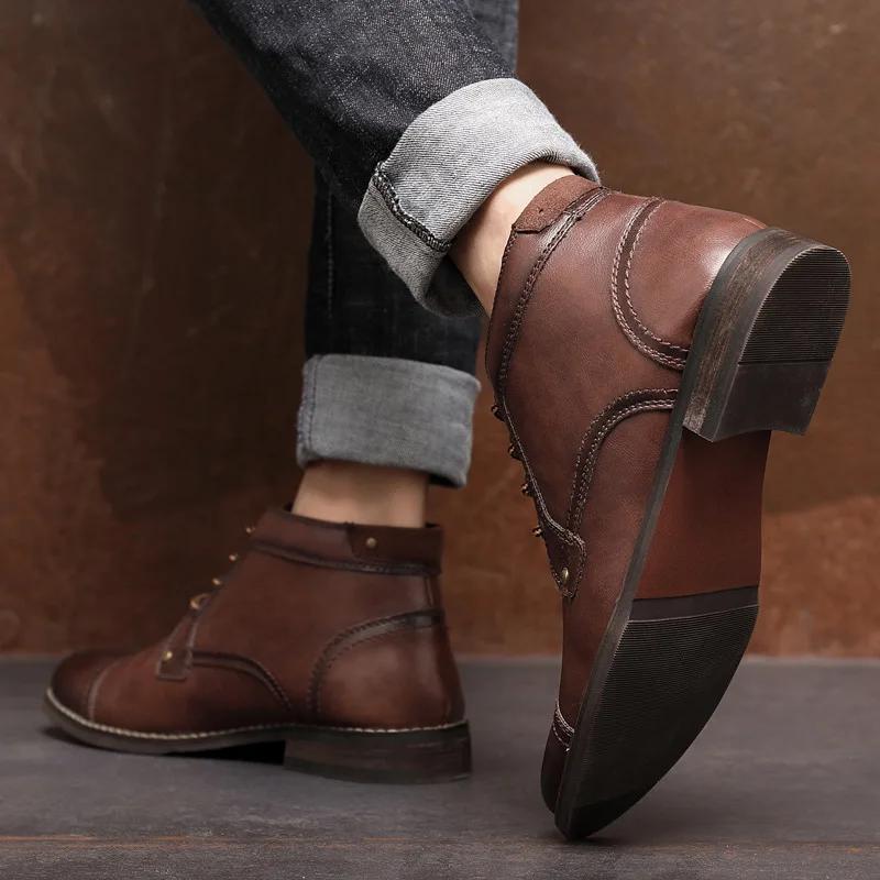 Handcraft Retro Men Leather Boots 2024 New Autumn Men Shoes Big Size 38 46 Casual British Basic Men Western Boots