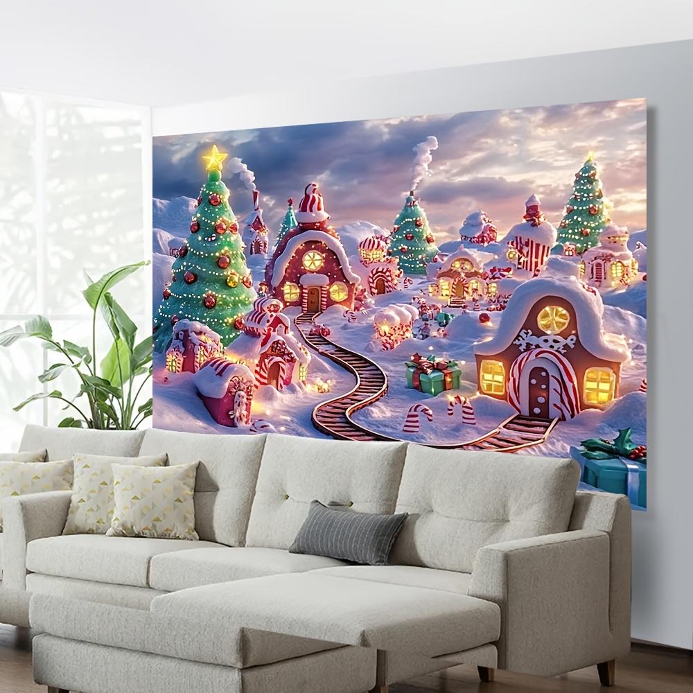 2D1 charming Christmas village background - fairyland winter snow scene gingerbread house and holiday decorations polyester