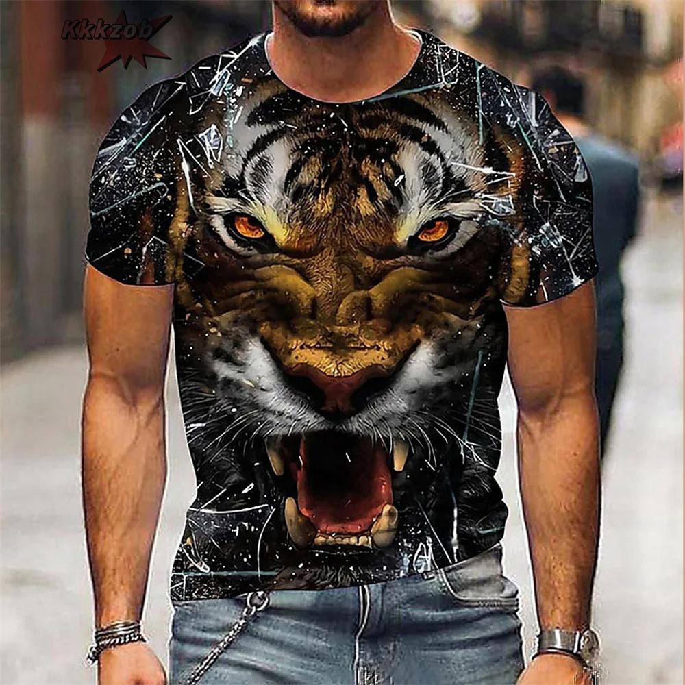 Fierce Tiger Animal Pattern Men's T-Shirts Short Sleeve 3D Animal Printed Trend Street Tee Oversized T Shirt Men Clothing Tops