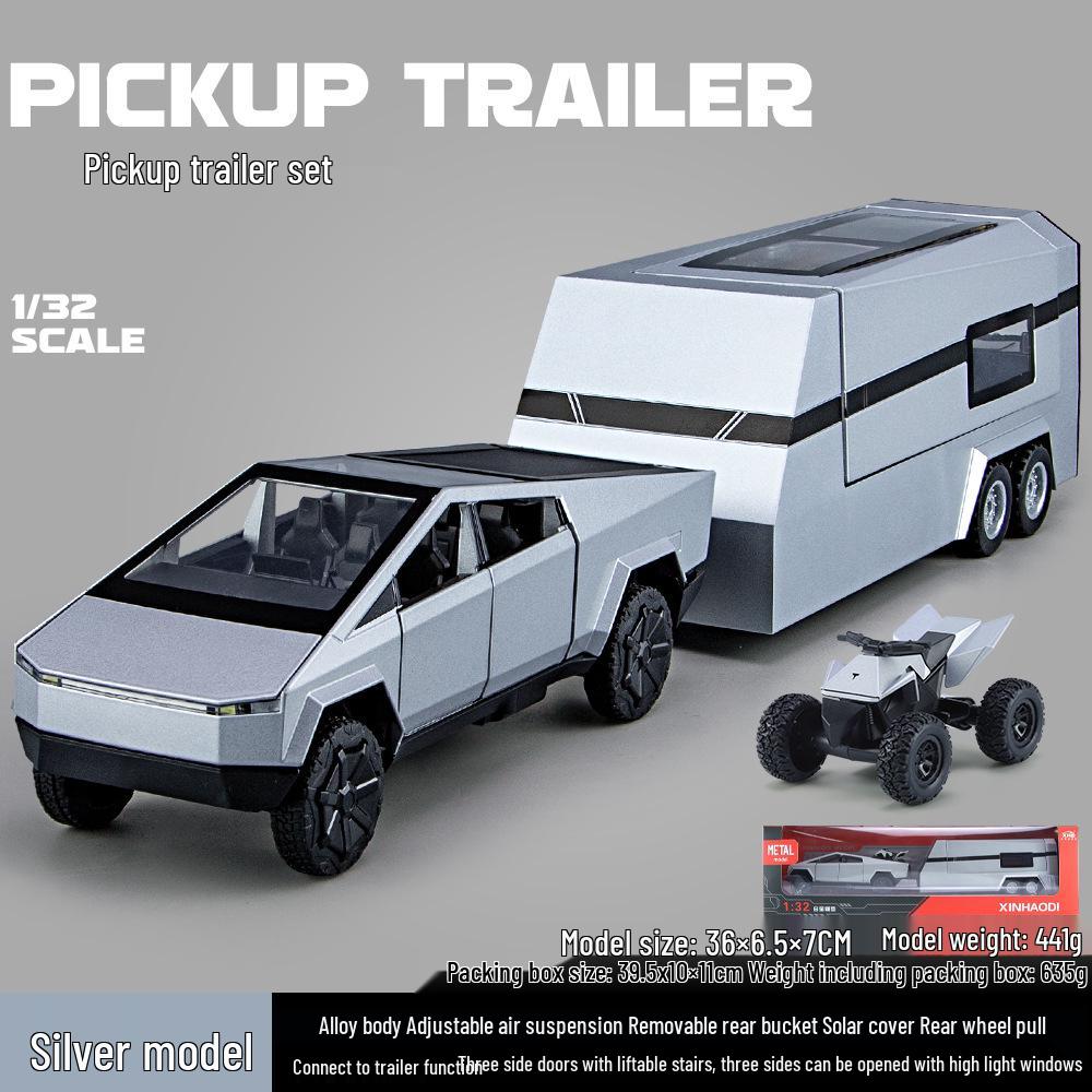 1:32 Tesla Pickup Truck Toy with Caravan: Alloy Pull-back Model with Sound, Light, and Opening Doors