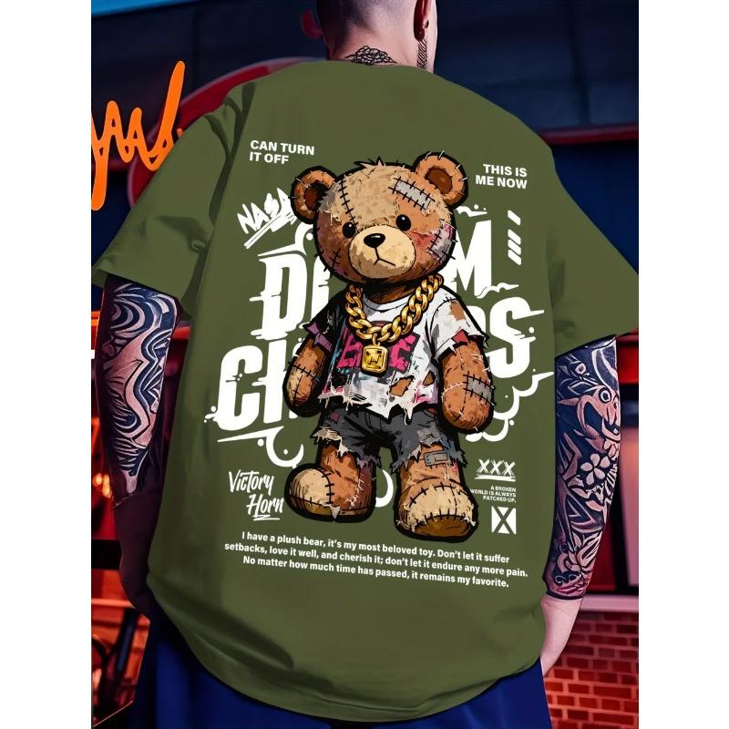 Europäisches und amerikanisches Herren Sommer Teddybär Graffiti Print Bequemes und atmungsaktives Rundhals T-Shirt Outdoor Street Top