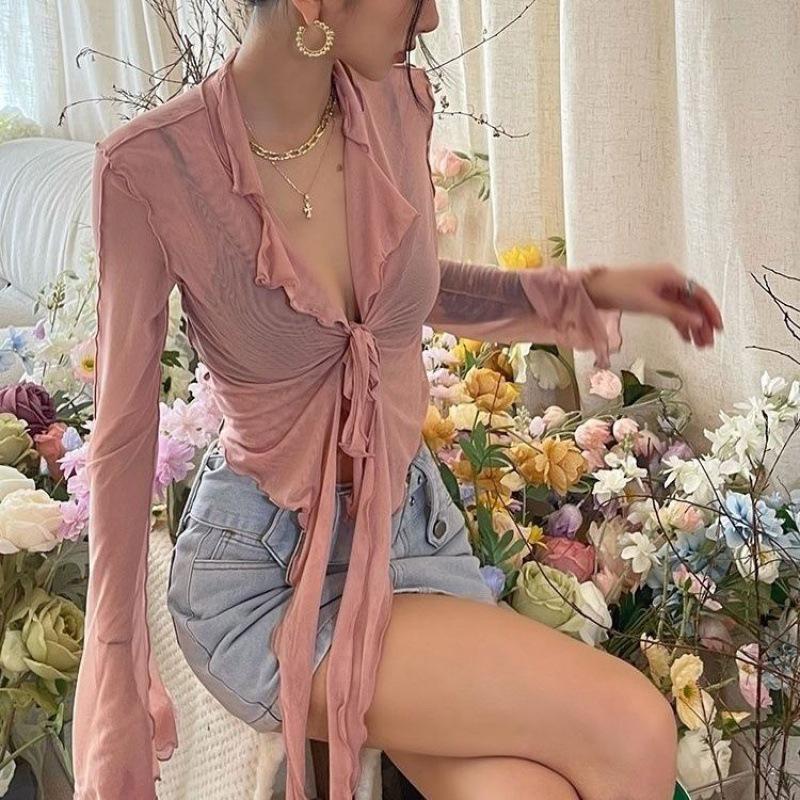 

Pure Desire Ruffle Collar Mesh Cardigan - Women s French Style Tie-up Bell Sleeve See-through Slim Fit Top XS (under 30kg) рожевий