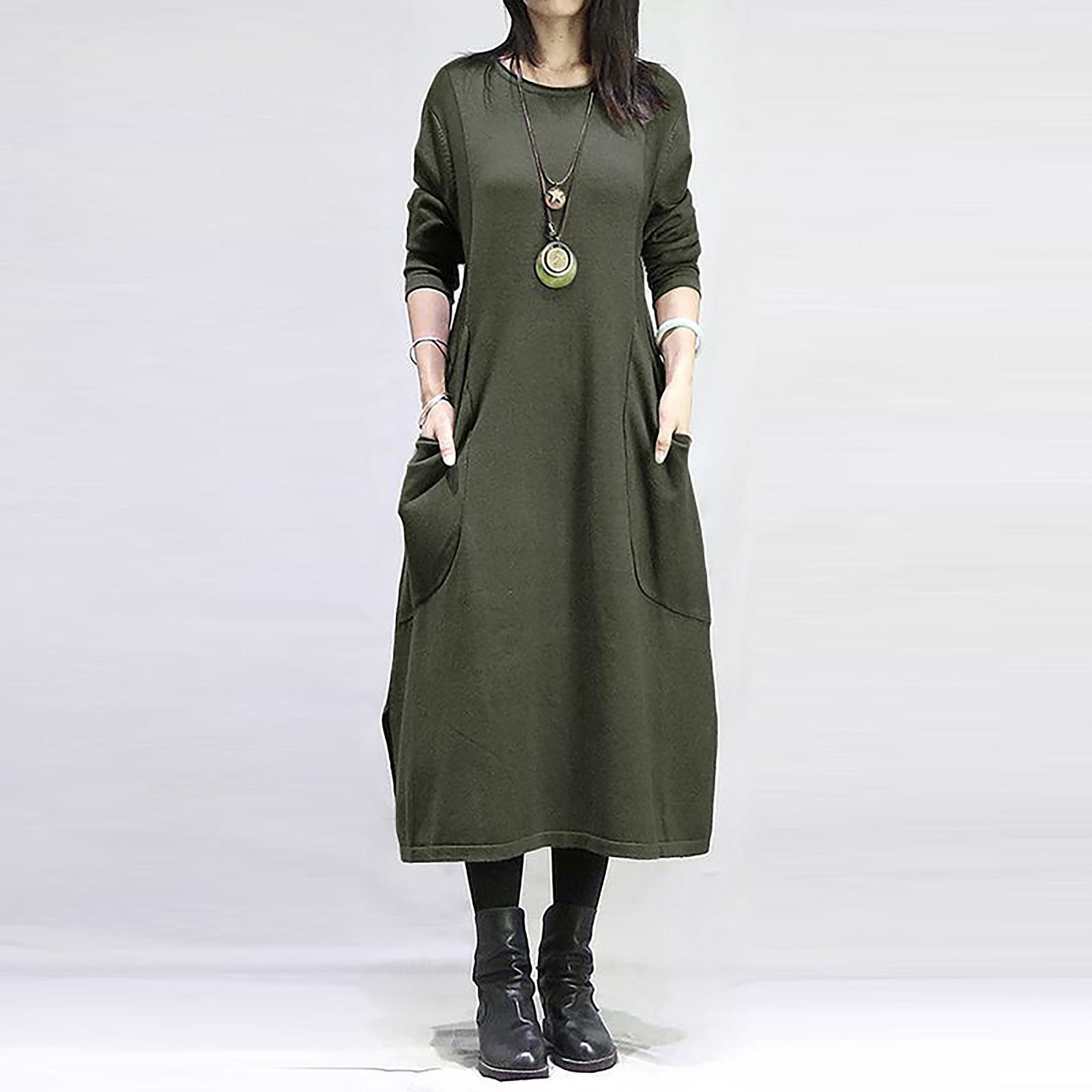 

Женская мода осень-зима свободное флисовое повседневное однотонное свободное платье большого размера с длинными рукавами XL