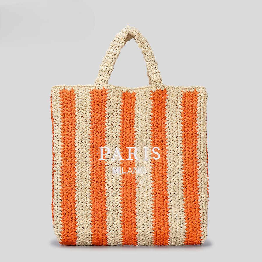 

Полосатая плетеная соломенная сумка ручной работы, женская пляжная сумка через плечо с вышитыми буквами, сумка из плетеной бумаги в ярких тонах оранжевый
