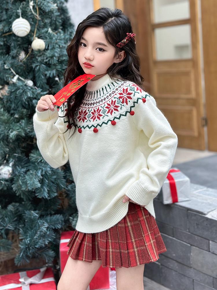 Girls' Retro Jacquard Knit Sweater - Round Neck, Long Sleeves, Autumn/Winter 2025 Collection