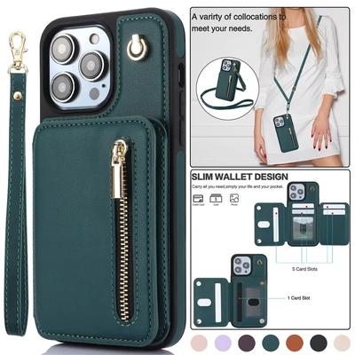 Lanyard Leather Zipper Wallet Card Phone Case for iPhone 17 Air 16E 16 15 Pro Max 14 Plus 13 12 11 X XR XS Hand Rope Flip Cover