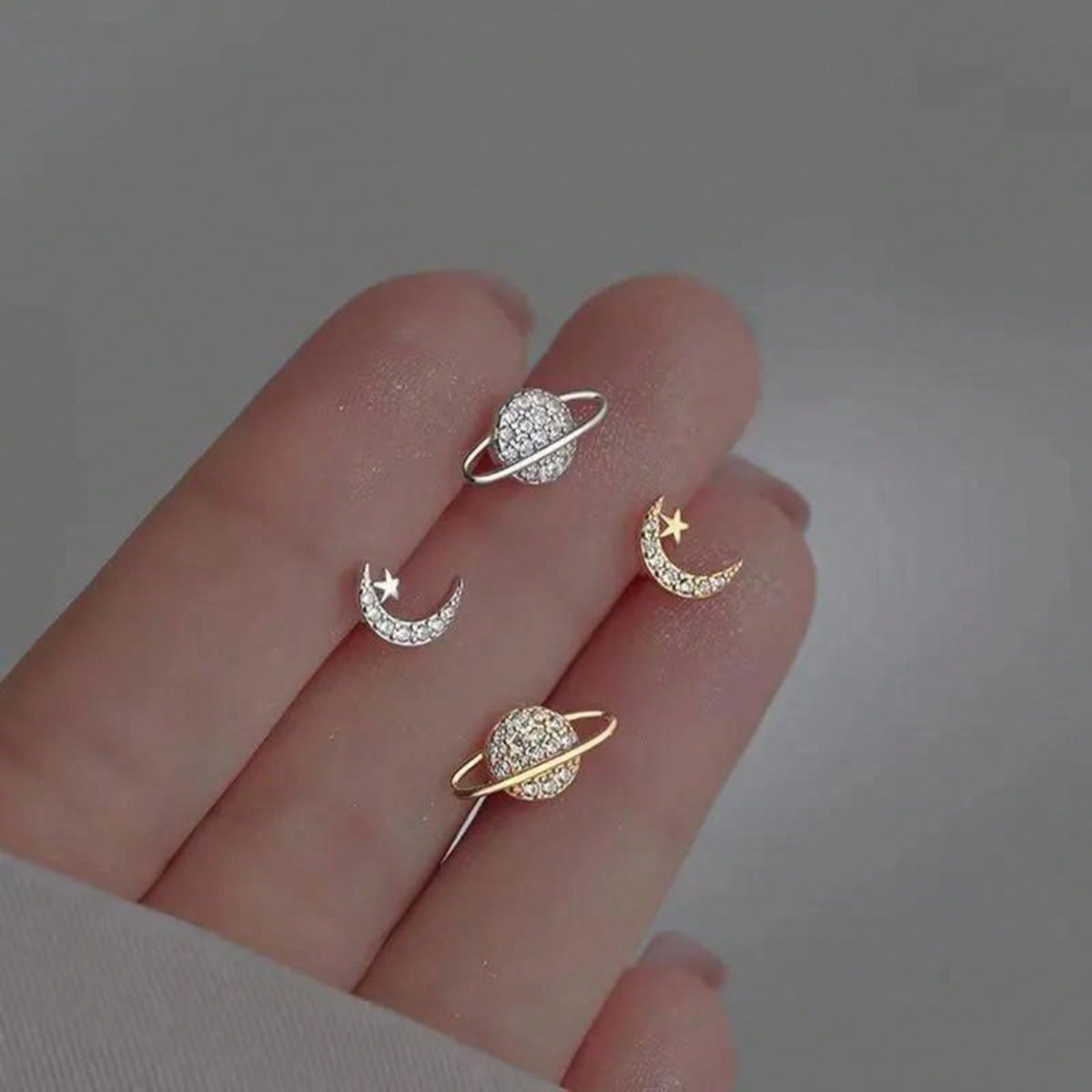Minimalist Style Planet and Moon Earrings Fashionable Asymmetric Stud Earrings Inlaid Rhinestones Perfect Ear Jewelry for Women Casual Wear